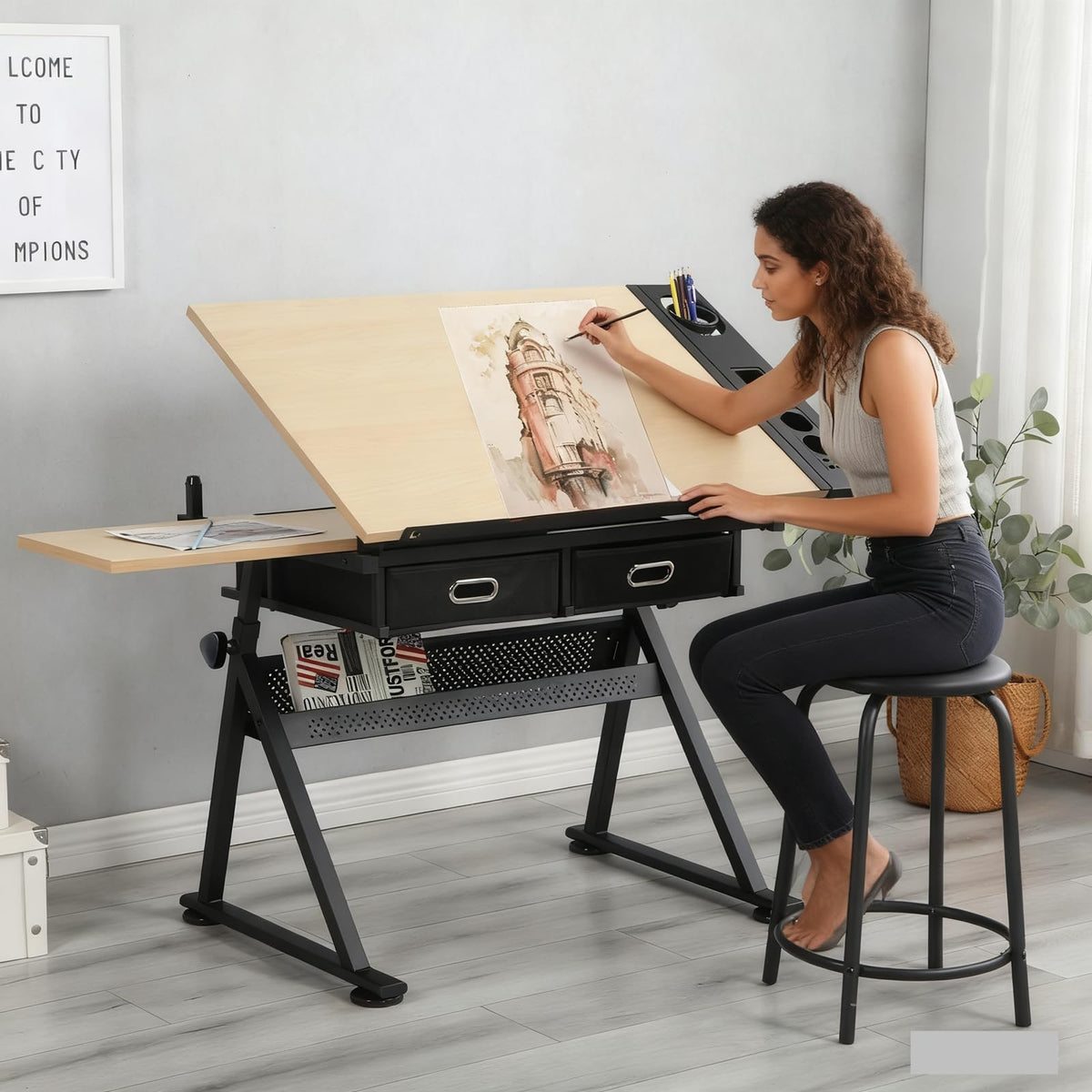 Height Adjustable Art Table Drafting Table with Stool, Rustic