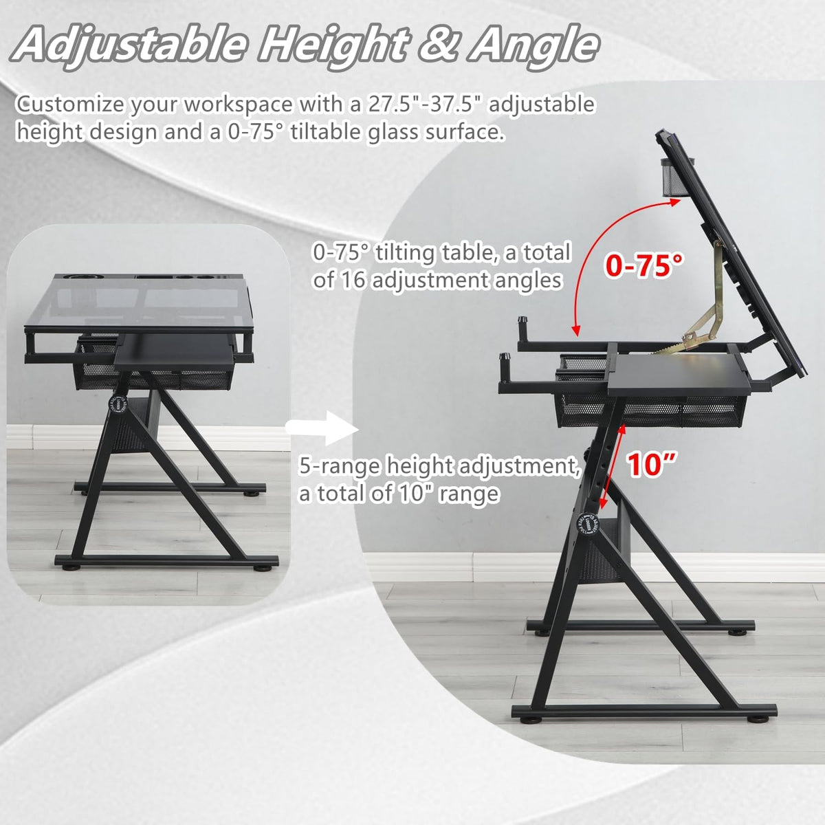 Drafting Table, Height Adjustable Art Tabe with Stool, Black