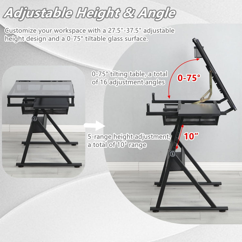 Drafting Table, Adjustable Height Drawing Table Art Table Painting Table Art Craft Desk with 0-75Â° Tilting Glass Tabletop and Storage Drawers, Black
