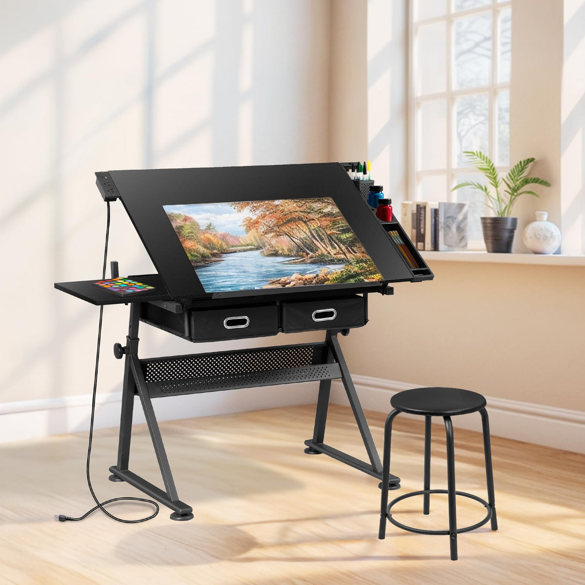 ZENY Adjustable Drafting Table with Stool Tilting Drawing Desk Artist Table