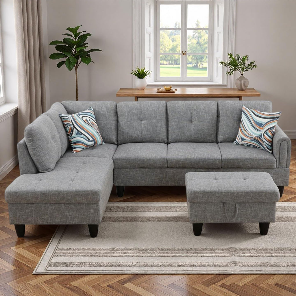 97.5" L-Shaped Modular Sectional Sofa with Movable Chaise & Storage Ottoman, 3 Piece Convertible Leather Couch, 4 Seat Gloss Black Living Room Furniture Set for Apartment Home Office