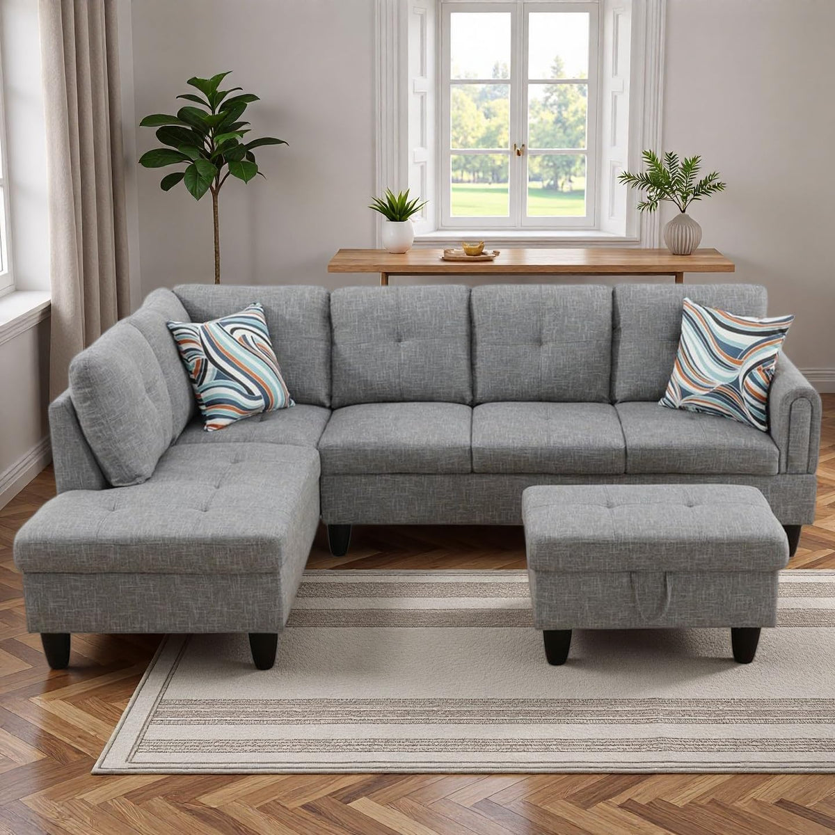97.5" L-Shaped Modular Sectional Sofa with Movable Chaise & Storage Ottoman, 3 Piece Convertible Leather Couch, 4 Seat Gloss Black Living Room Furniture Set for Apartment Home Office