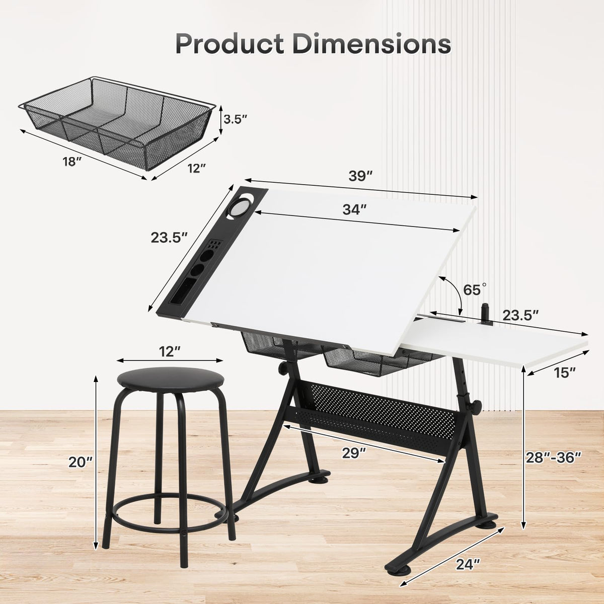 Athena Collection Professhional Drafting Table for Adults Teens, Light Grey