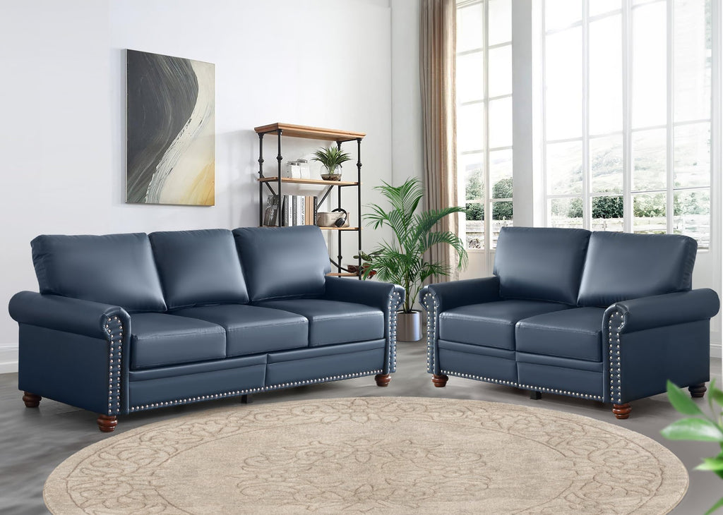 2 Piece Faux Leather Sofa Set,Modern Couch and Loveseat Sets with Storage,Mid Century Couch with Rivet Rolled Arm,Comfy Deep Seat Sofa,Furniture for Living Room,Office(Loveseat+3 Seater,Navy)