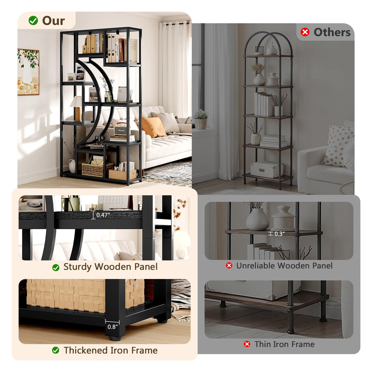 LGHM Industrial 5-Tier Bookshelf with Storage, 70.9 Inch Tall Large Display Bookcase - Modern Metal Standing Shelves for Living Room, Office and Bedroom, Set of 2, Greige
