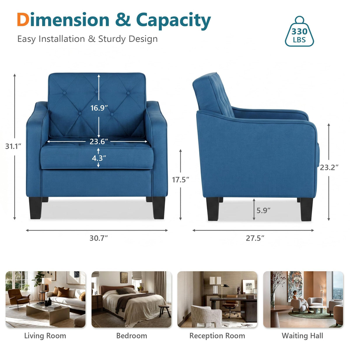 Grey Accent Chairs Set of 2, Wide Comfy Arm Chairs for Living Room, Office