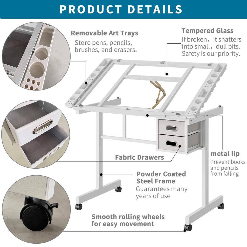 Adjustable Drafting Table with Stool, 0-75Â° Tilting Art Desk, White