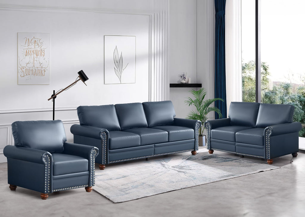 2 Piece Faux Leather Sofa Set,Modern Couch and Loveseat Sets with Storage,Mid Century Couch with Rivet Rolled Arm,Comfy Deep Seat Sofa,Furniture for Living Room,Office(Loveseat+3 Seater,Navy)