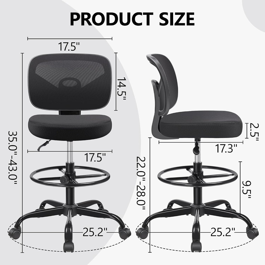 Primy Tall Drafting Desk Chair - Armless, Adjustable Height, Mesh Back, Rolling, Standing Desk Chair for Art Room, Office or Home (Black)