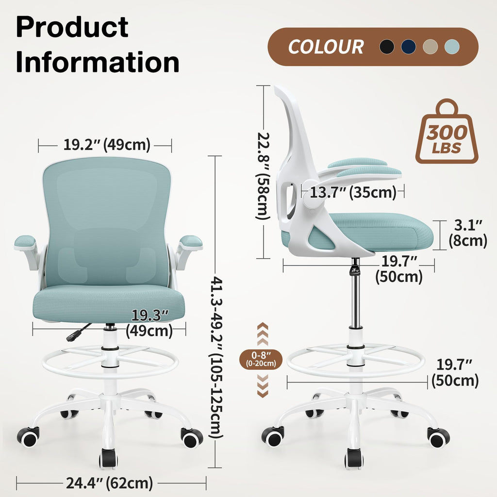 Drafting Chair, Tall Office Chair for Standing Desk with Flip-Up Armrests, Adjustable Foot Ring & Lumbar Support, Breathable Mesh High Desk Stool for Studio & Drafting Table, Black