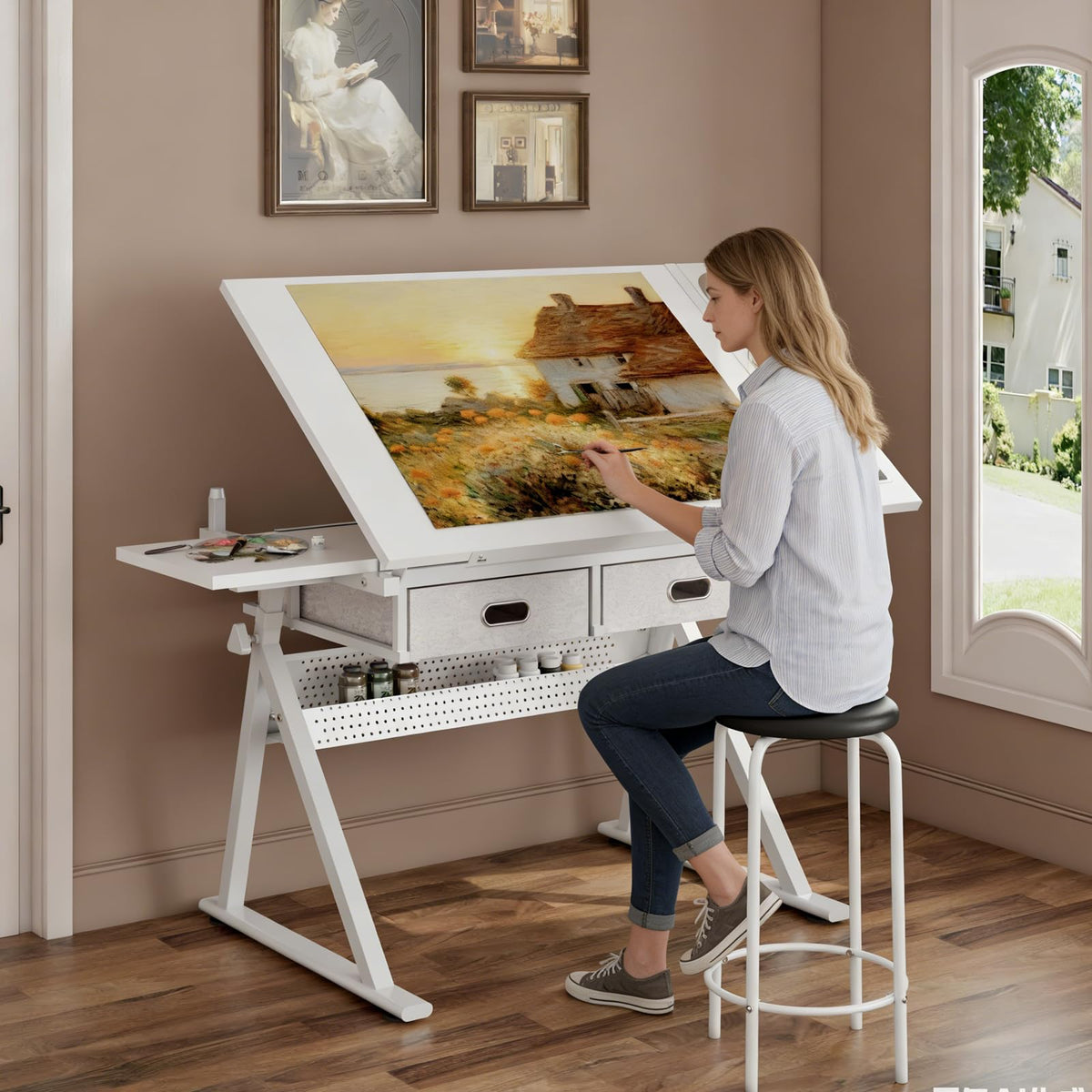 Height Adjustable Art Table Drafting Table with Stool, Rustic