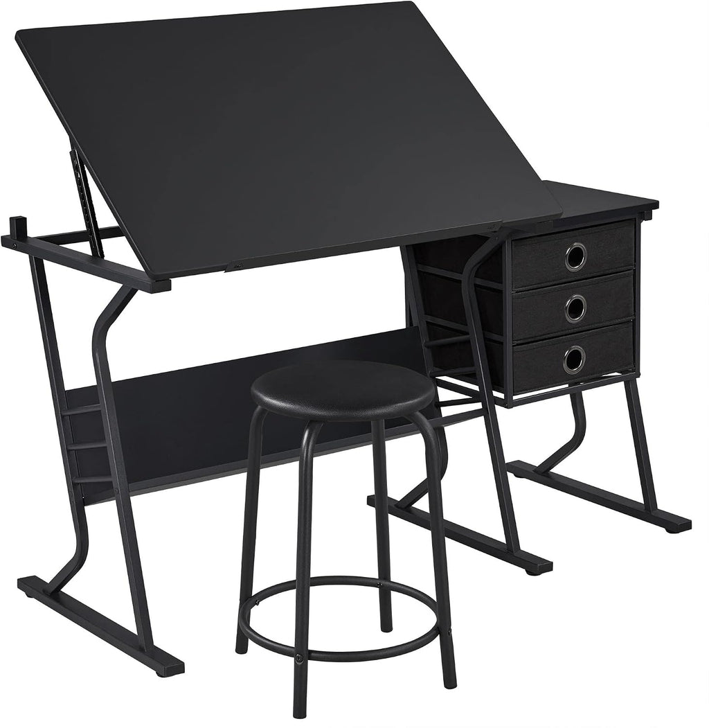 Yaheetech Tilting Drafting Table Art Craft Desk with Stool, Drawers, Black
