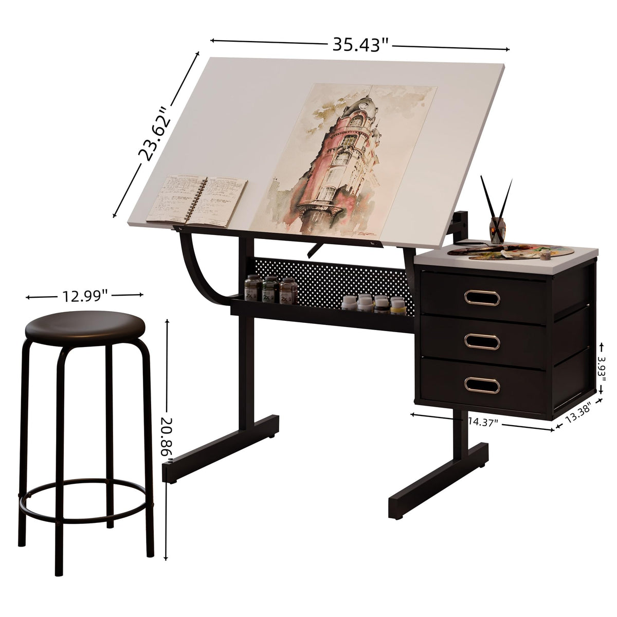 Drafting Table, Drawing Desk for Artists Adults Architect, Art Desk with Stool and 3 Non-Woven Storage Drawers, Height Adjustable Tilted Tabletop, Painting Studio Design Work Station, Rustic Brown
