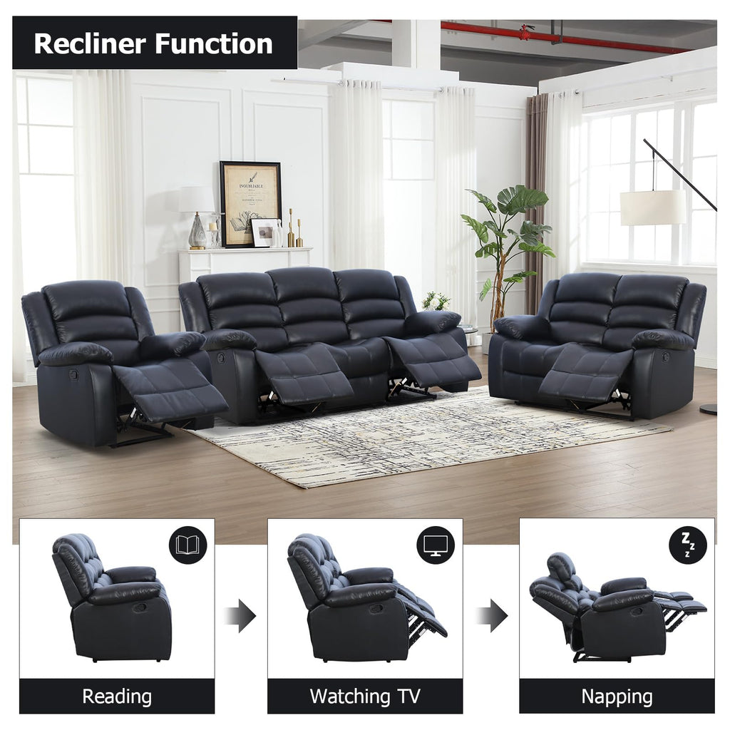 EBELLO Manual Faux Leather Reclining Couch Set for Living Room, Include 1 Recliner Chair, 1 Loveseat Sofa, Recliner Sofa Furniture Set for Home and Office, Black