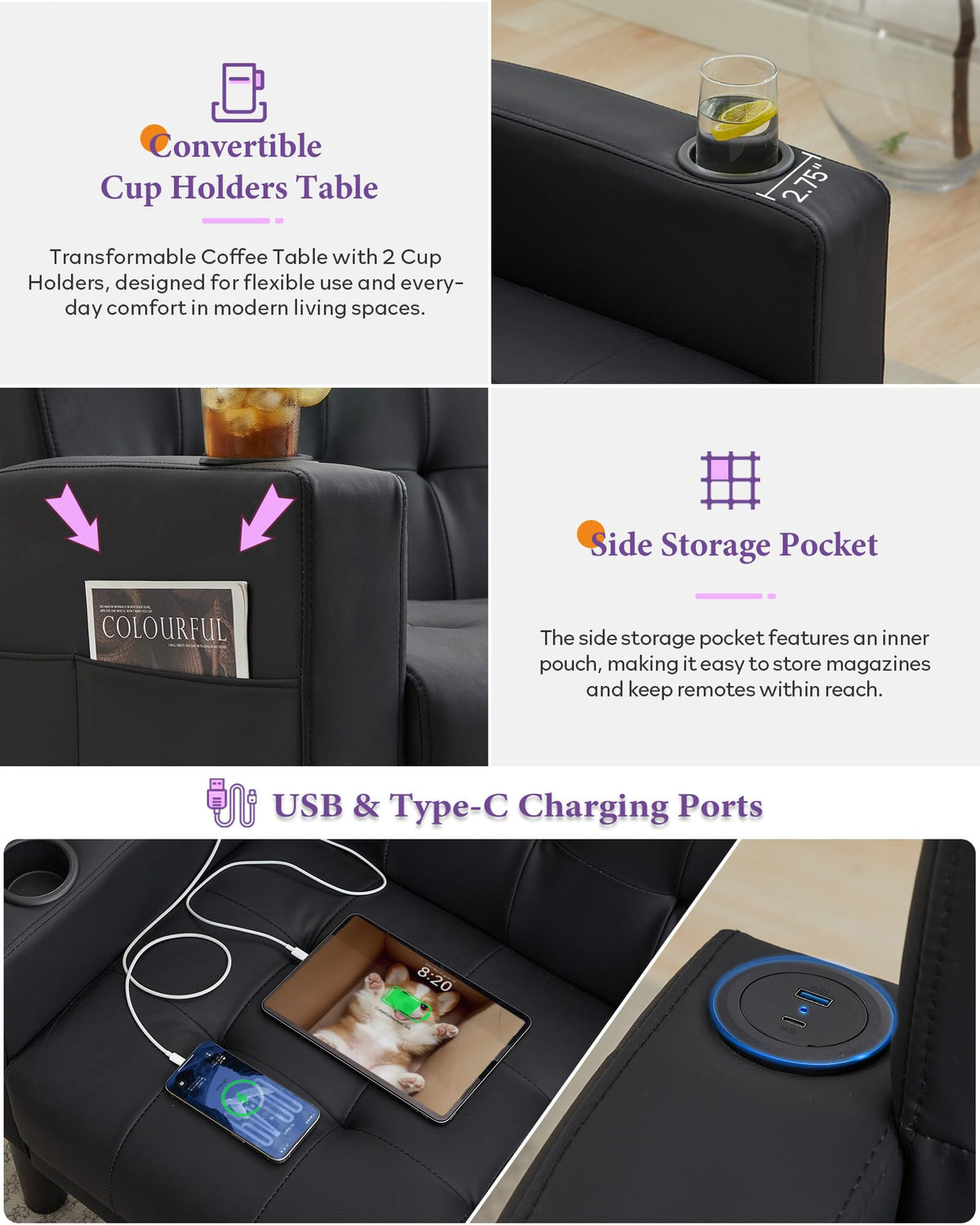 TYBOATLE Living Room Set, PU Leather Couch and Chairs w/USB & Type-C Ports