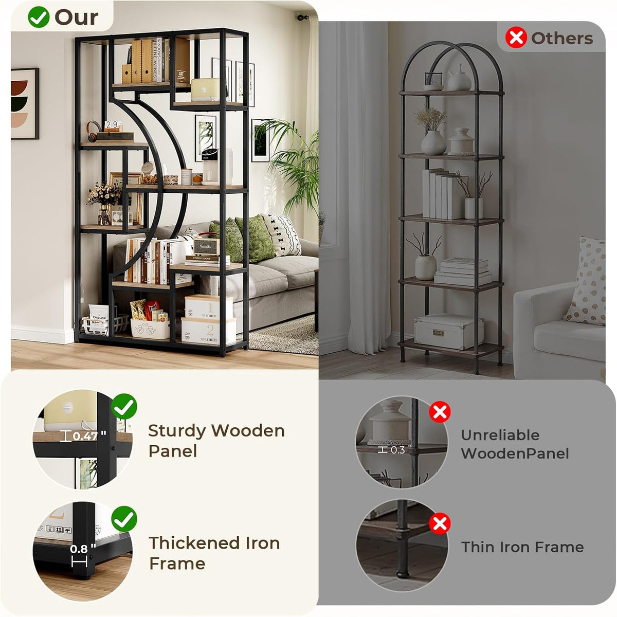 LGHM Industrial 5-Tier Bookshelf with Storage, 70.9 Inch Tall Large Display Bookcase - Modern Metal Standing Shelves for Living Room, Office and Bedroom, Set of 2, Greige