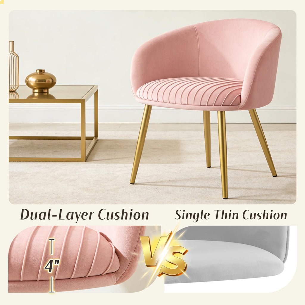 Accent Velvet Makeup Vanity Chairs Set of 2 Boucle Modern Tufted Girls Desk Chair No Wheels with Gold Metal Legs, 20" Extra Wide Armchair for Bedroom Bathroom Dining Room Living Room, Cream Beige