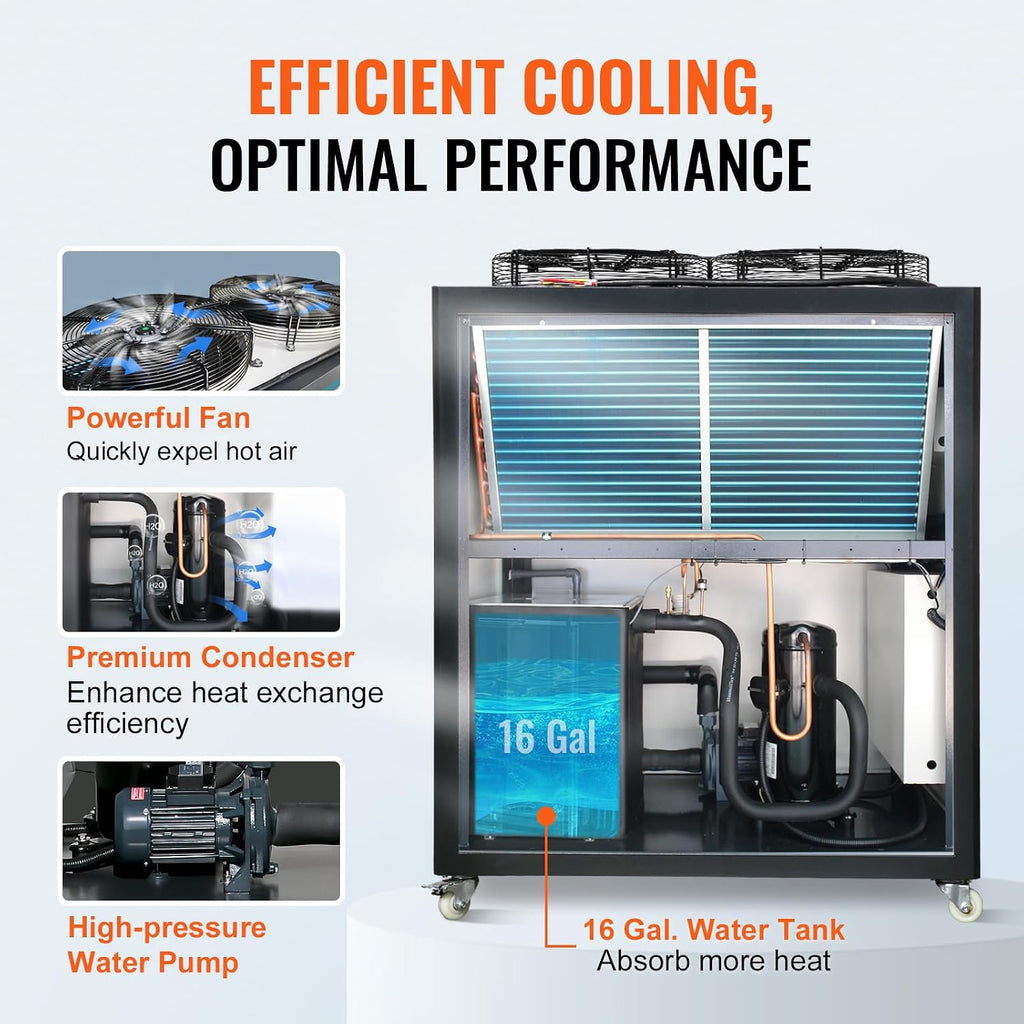 VEVOR Industrial Water Chiller - 60L Capacity, 9.4Hp Air-Cooled Chiller with Finned Condenser, Micro-Computer Control, Stainless Steel Tank