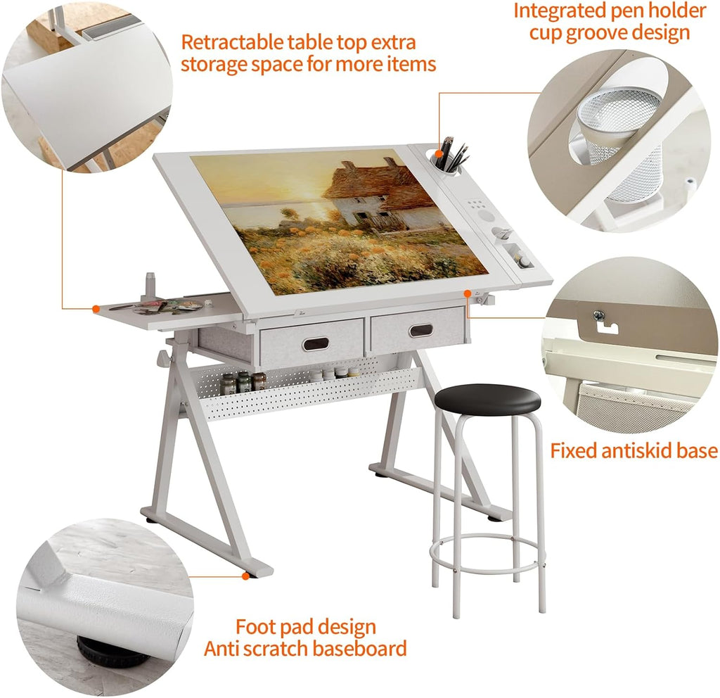 Drafting Table, Height Adjustable Art Table with Stool,T1-All White