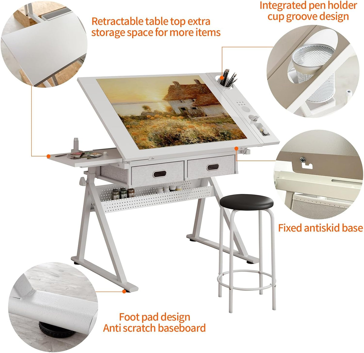 Drafting Table, Height Adjustable Art Table with Stool,T1-All White