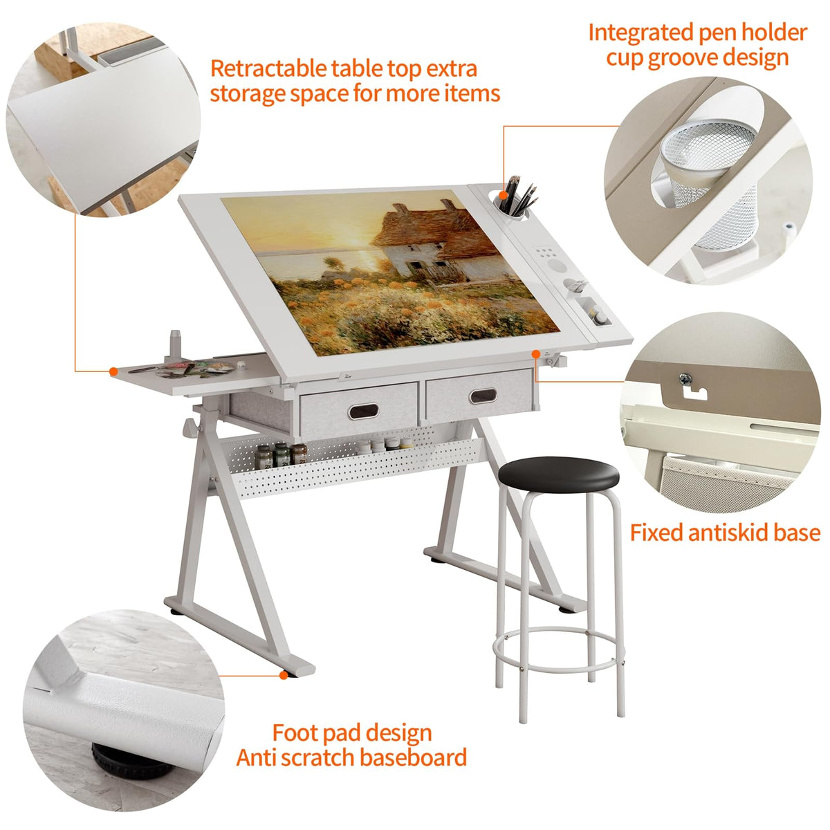Height Adjustable Art Table Drafting Table with Stool, Rustic