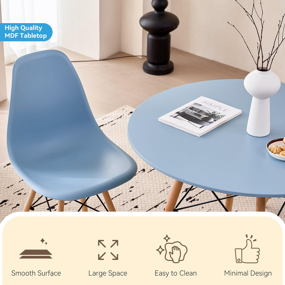 5-Piece Round Dining Set, 35.5" Black Table & Light Gray Chair