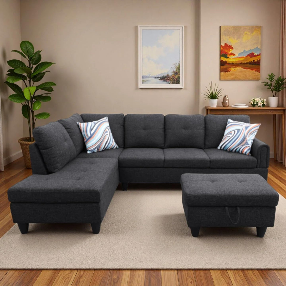 97.5" L-Shaped Modular Sectional Sofa with Movable Chaise & Storage Ottoman, 3 Piece Convertible Leather Couch, 4 Seat Gloss Black Living Room Furniture Set for Apartment Home Office