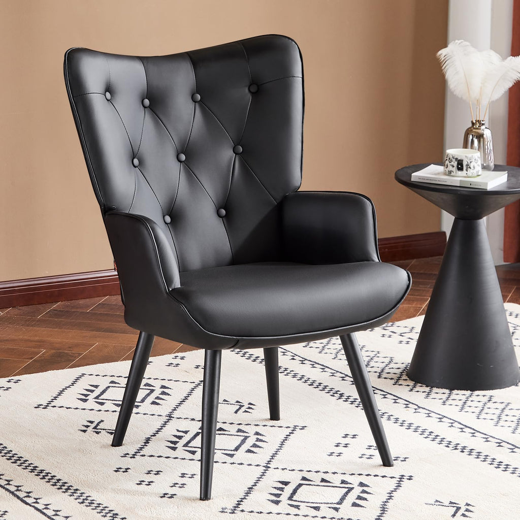 Furniliving PU Leather Accent Chair for Living Room, Upholstered Reading Chair with High Backrest, Tufted-Button Wingback Armchair for Bedroom, Dressing Room, Home Office, Brown, Set of 2