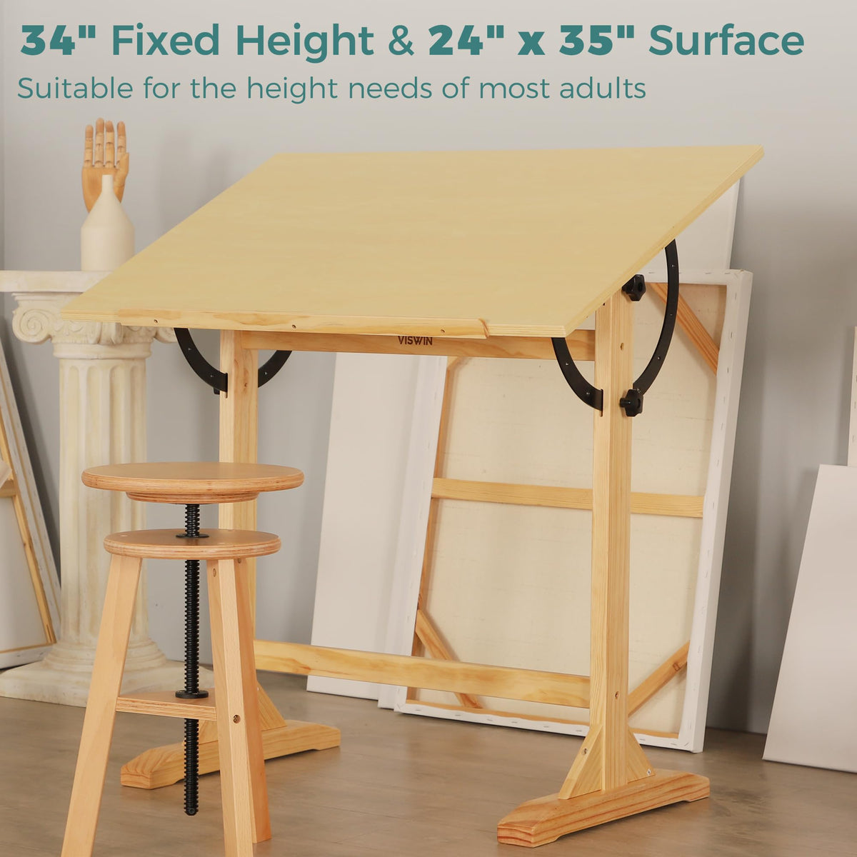 VISWIN Wood Drafting Table for Adults, 24'' x 35" Drawing Table with Adjustable Angle for Art Studio, 34" Height Solid Pine Wood Artist Desk for Drawing, Drafting, Writing, Reading, Sketching