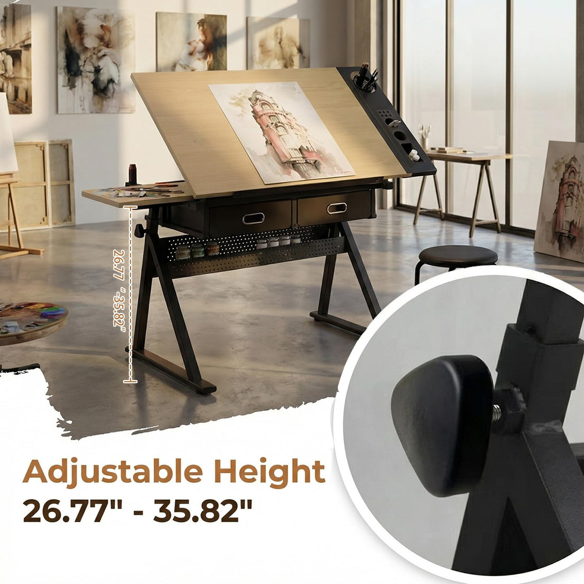 Drafting Table with Stool Height Adjustable Art Craft Desk with Storage, Tilting MDF Tabletop, Expansion Board, Drawing Table for Home Office, Artists, Painters (Rustic Brown)