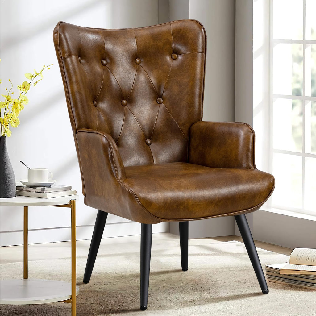 Furniliving PU Leather Accent Chair for Living Room, Upholstered Reading Chair with High Backrest, Tufted-Button Wingback Armchair for Bedroom, Dressing Room, Home Office, Brown, Set of 2