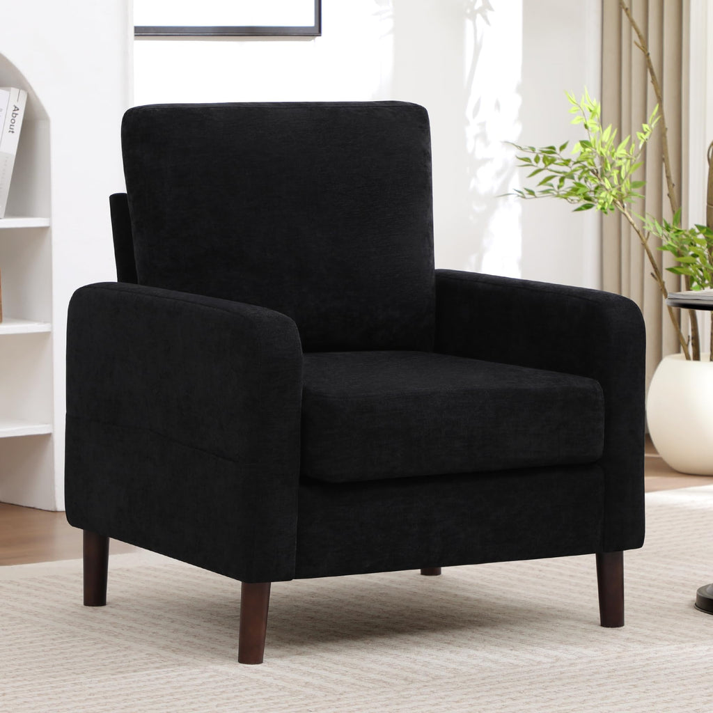 Accent Chair Set of 2, Upholstered Living Room Chairs with Wood Legs and Side Pockets, Modern Reading Chair for Bedroom, Armchair Single Sofa Side Chair for Office, Small Room, Dark Grey