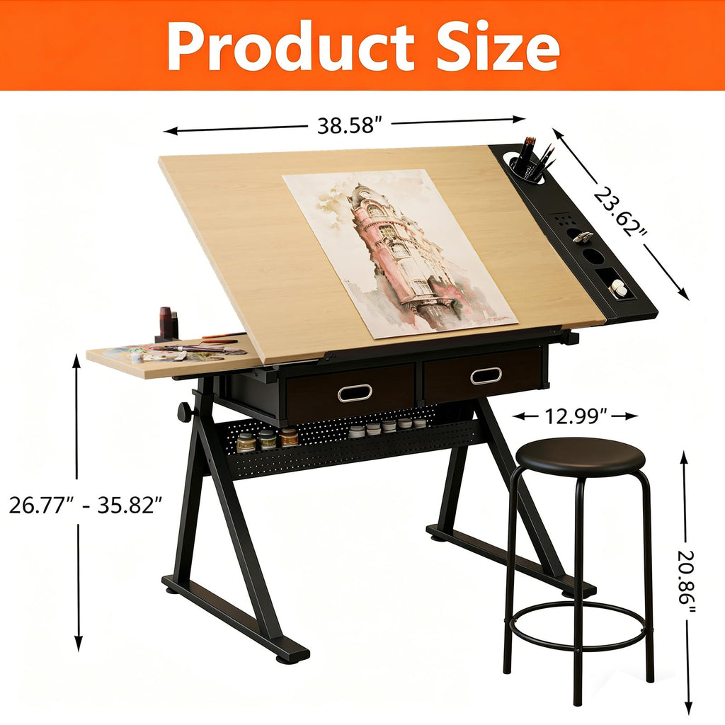 Height Adjustable Tilt Drafting Table with 2 Storage Drawers & Stool Brown