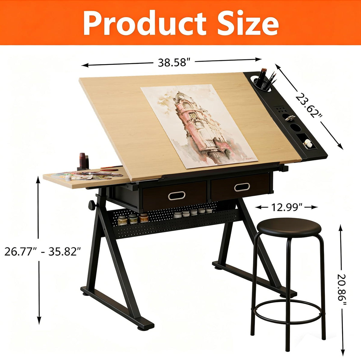 Height Adjustable Tilt Drafting Table with 2 Storage Drawers & Stool Brown