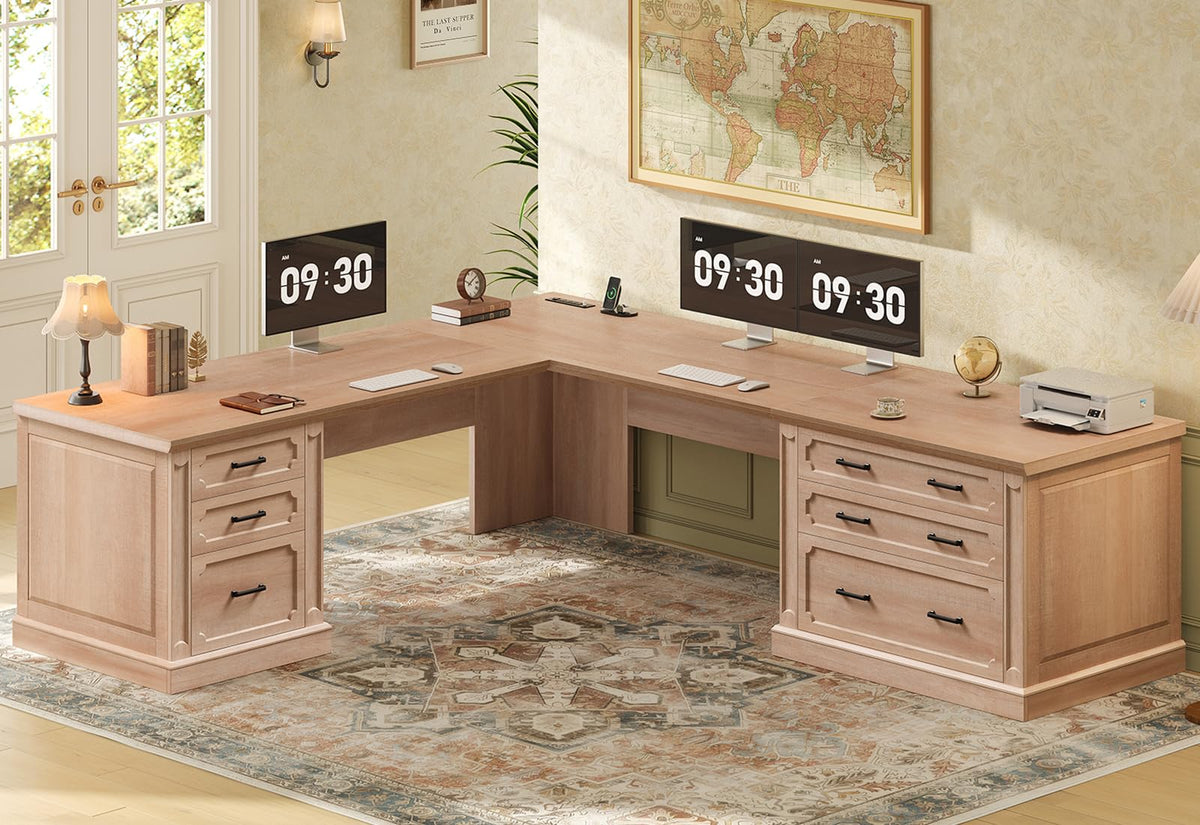 SEDETA Farmhouse 70.9" Executive Desk, Home Office Desk with File Drawers and Storage Cabinet, Computer Desk with Power Outlet for Home Office, Work Study Writing, Black+Brown