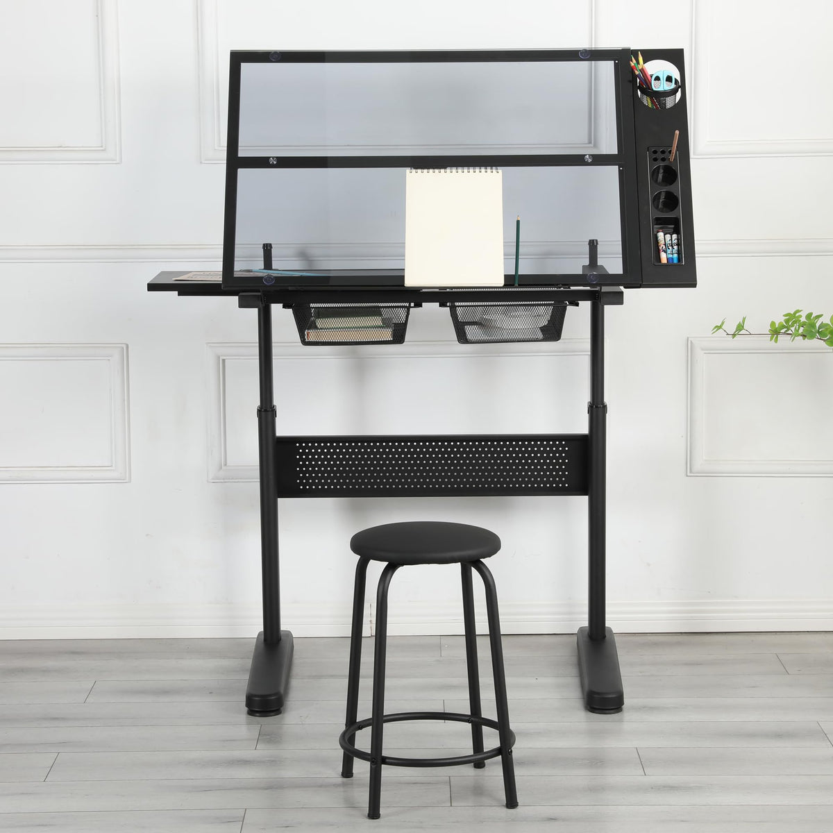 Drafting Table with Storage and Stool, Glass Art Desk for Adults Adjustable Height with 2 Metal Drawers, Craft Drawing Table Artist Desk with Extra Desktop for Reading/Writing/Studying (Black)