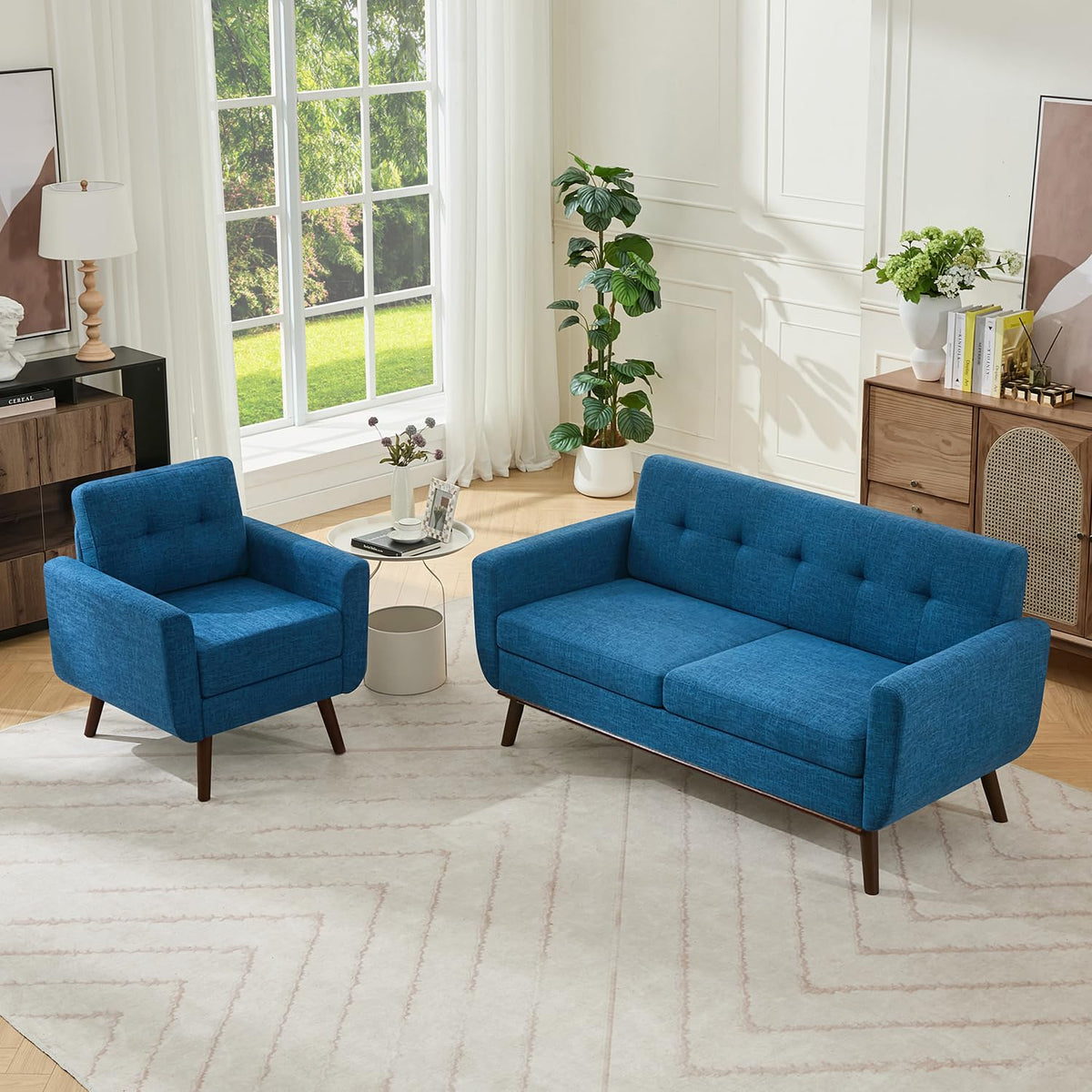 Kingfun 2 Piece Loveseat and Sofa Sets, Mid Century Modern Love Seat Couches for Living Room, Button Tufted Upholstered Furniture, Small Couch for Bedroom, Office, Beige