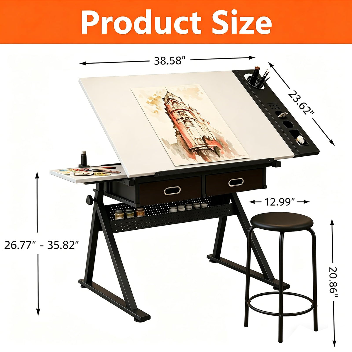 Height Adjustable Tilt Drafting Table with 2 Storage Drawers & Stool Brown