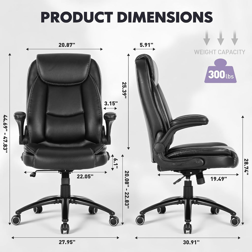 300lbs Capacity Executive Desk Chair with Ergonomic Lumbar Support, Flip-up Arms & High Back Leather Computer Chair for Home/Office, Black