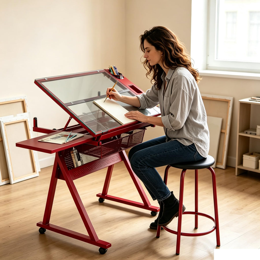Drafting Table, Adjustable Height Drawing Table Art Table Painting Table Art Craft Desk with 0-75Â° Tilting Glass Tabletop and Storage Drawers, Black