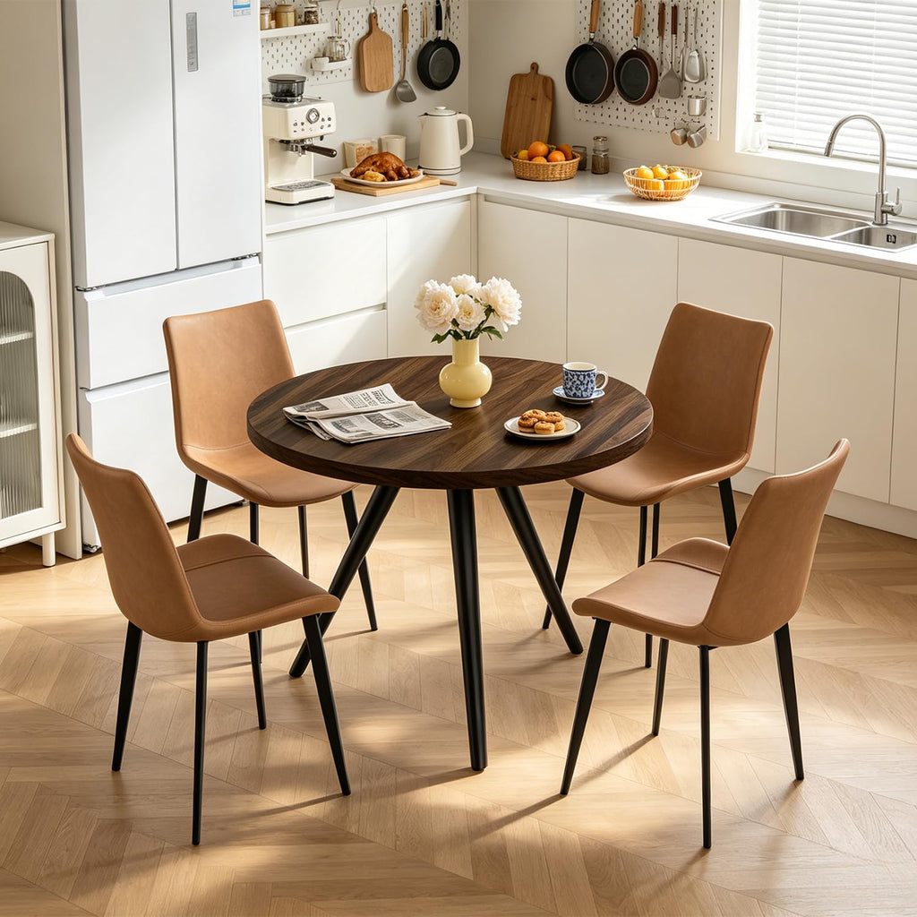 34.6" Round Dining Table Set for 4, Modern Kitchen Coffee Table Set, Walnut