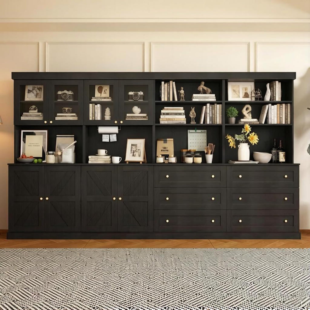 Vyre 71" Black Modular Farmhouse Bookcase Set of 3, Expandable Storage Cabinets with Glass Doors or Drawers for Home Office and Study Room