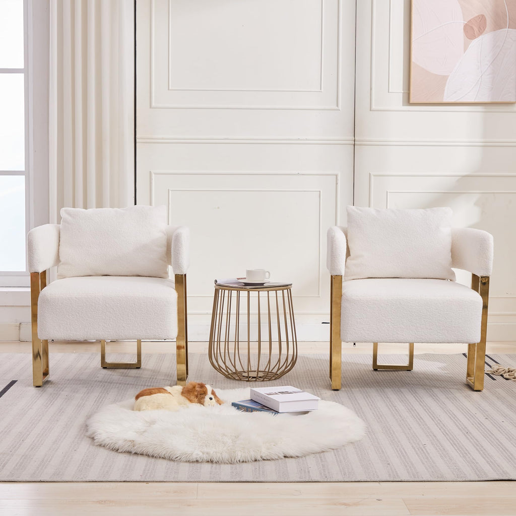 YISHENG Modern Barrel Accent Chairs Set of 2, Living Room Side Chairs with Golden Metal Legs Soft Upholstered Reading Armchairs no Wheels for Vanity/Reception Room//Bedroom/Lounge/Office,Black Teddy