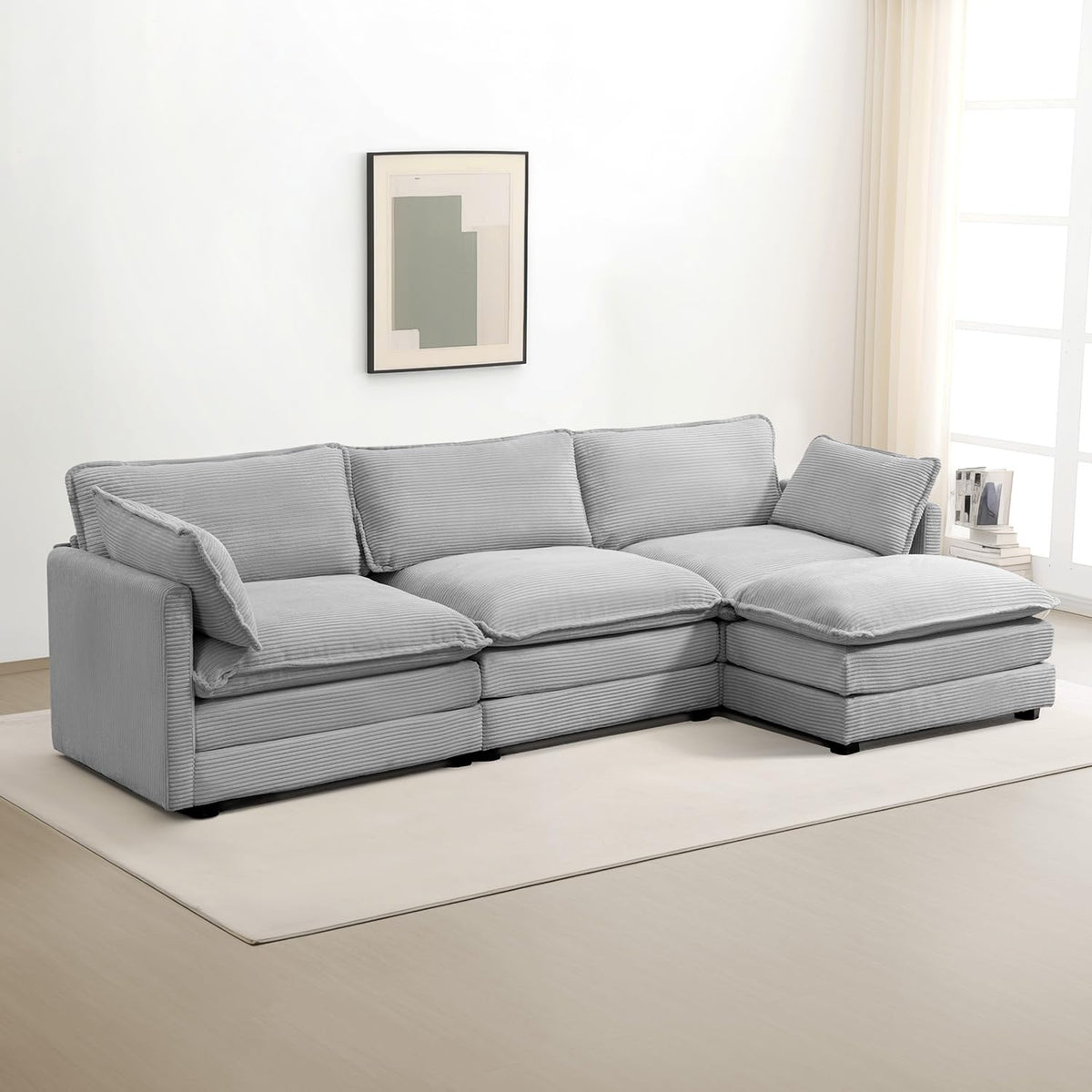 ROWHY 41'' Single Armchair with Ottoman, Modern Corduroy Cloud Couch with Convertible Chaise, Upholstered Sofa Set for Living Room, Green