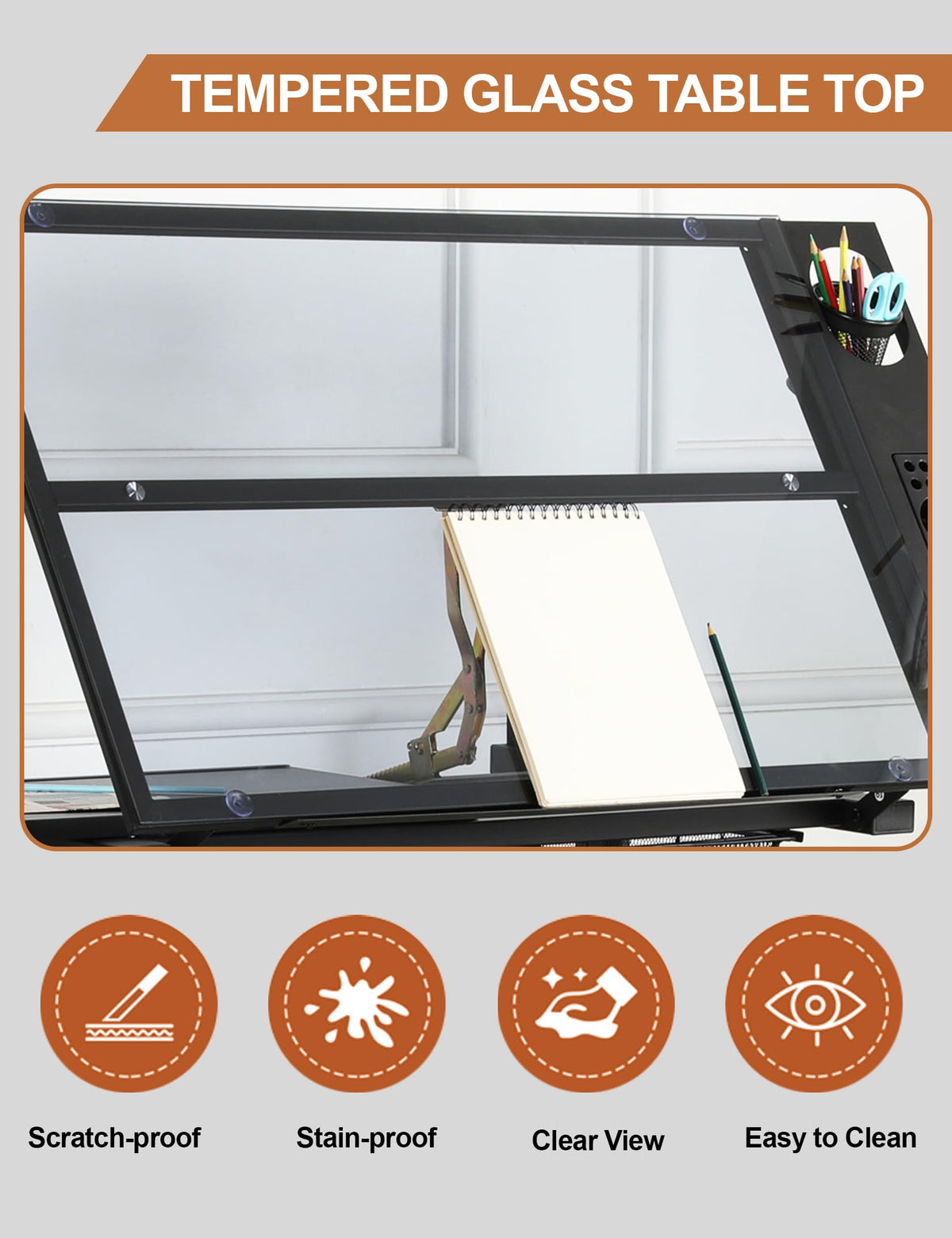 Adjustable Drawing Table for Artists | Drafting Desk with Tilted Glass Top | Art & Craft Table for Adults (Black, Classic Pro-27.16''- 35.82'' H)