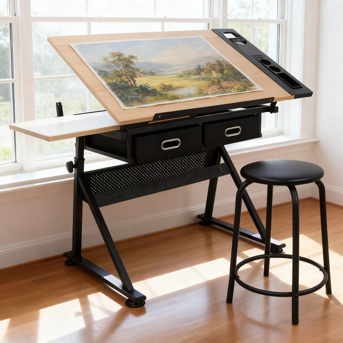ZENY Adjustable Drafting Table with Stool Tilting Drawing Desk Artist Table