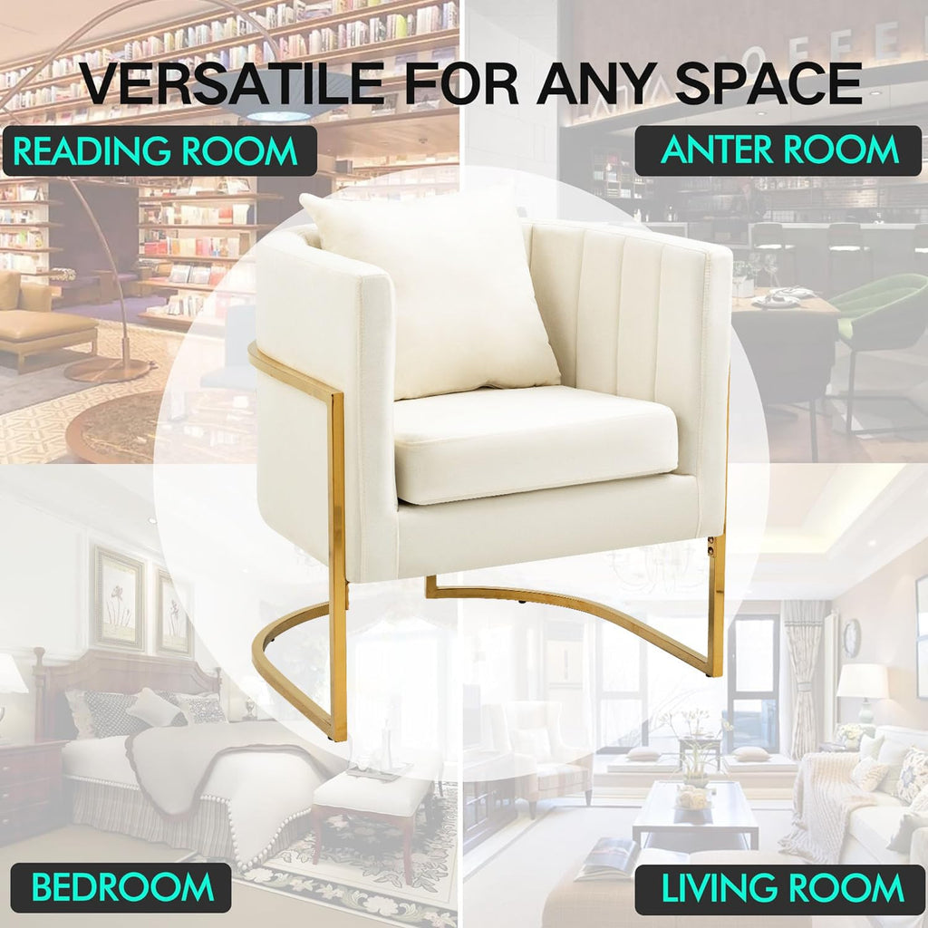 Velvet Accent Barrel Chairs Set of 2, Modern Arm Club Chair Set with Pillow for Living Room/Bedroom/Guest Reception, Channel Tufted, Gold Finish Base, Orange