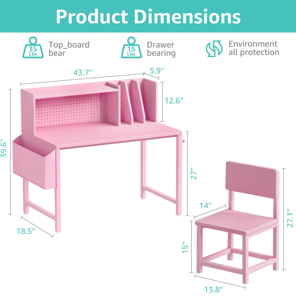 BOLUO Kids Desk and Chair Set for 6-12 Year Old, Children Study Desk with Hutch and Pegboard, Student Writing Table with Storage Shelf for Girls Boys