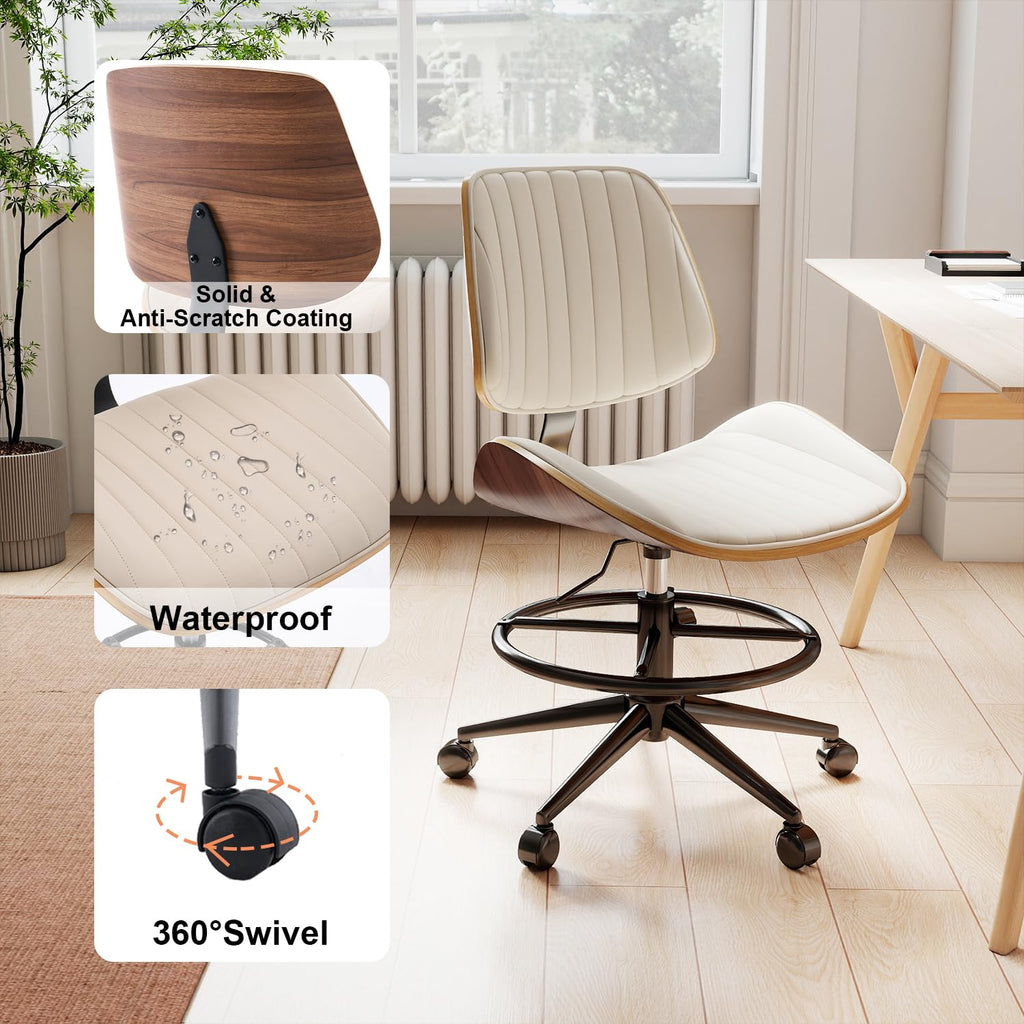 Drafting Chair, Ergonomic Office Chair with Walnut Wood Back Support, Armless PU Leather Desk Chair with Height-Adjustable, Thick Cushion for Home Office, Drafting, Art Studio (Black)
