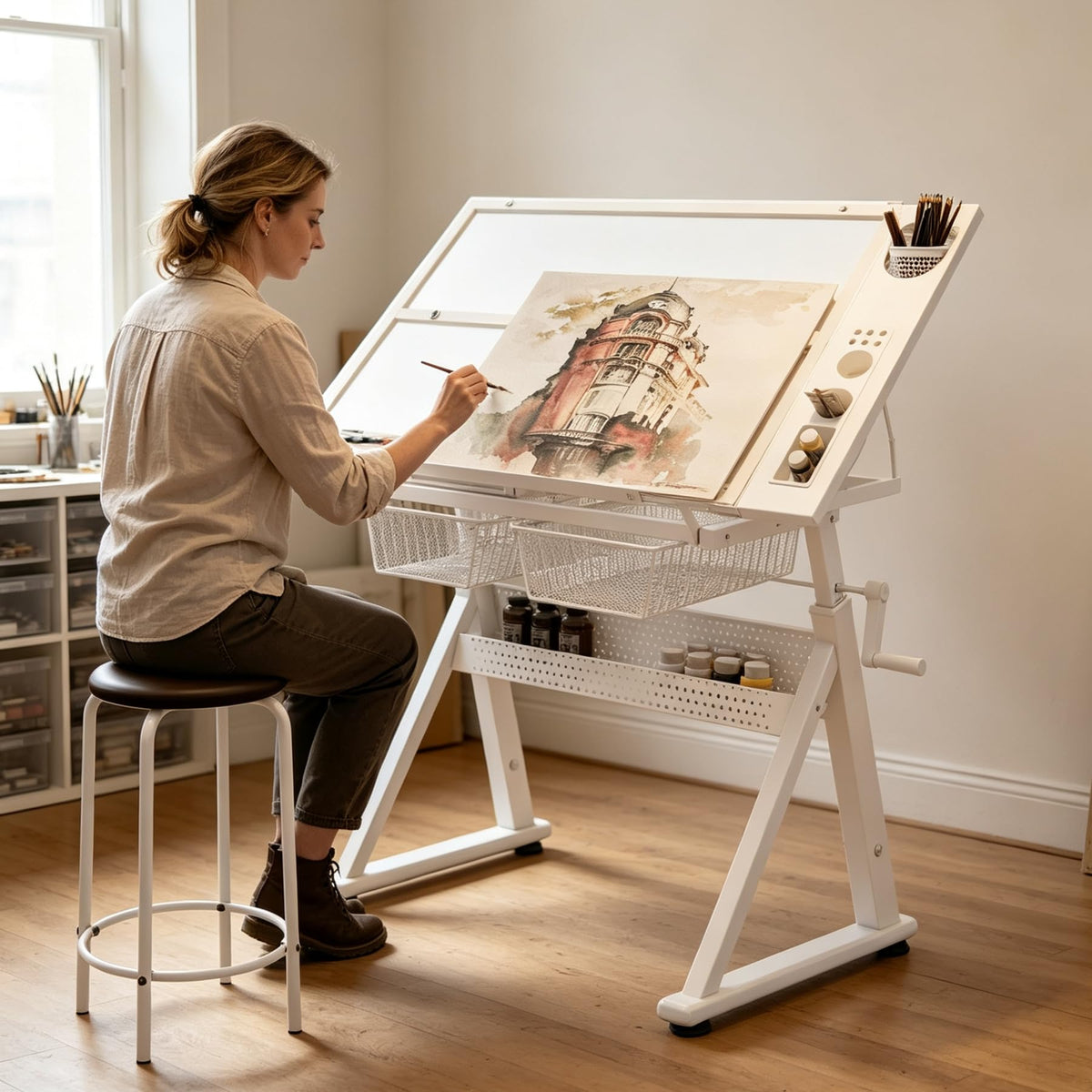 Drafting Table, Height Adjustable Art Tabe with Stool, Black